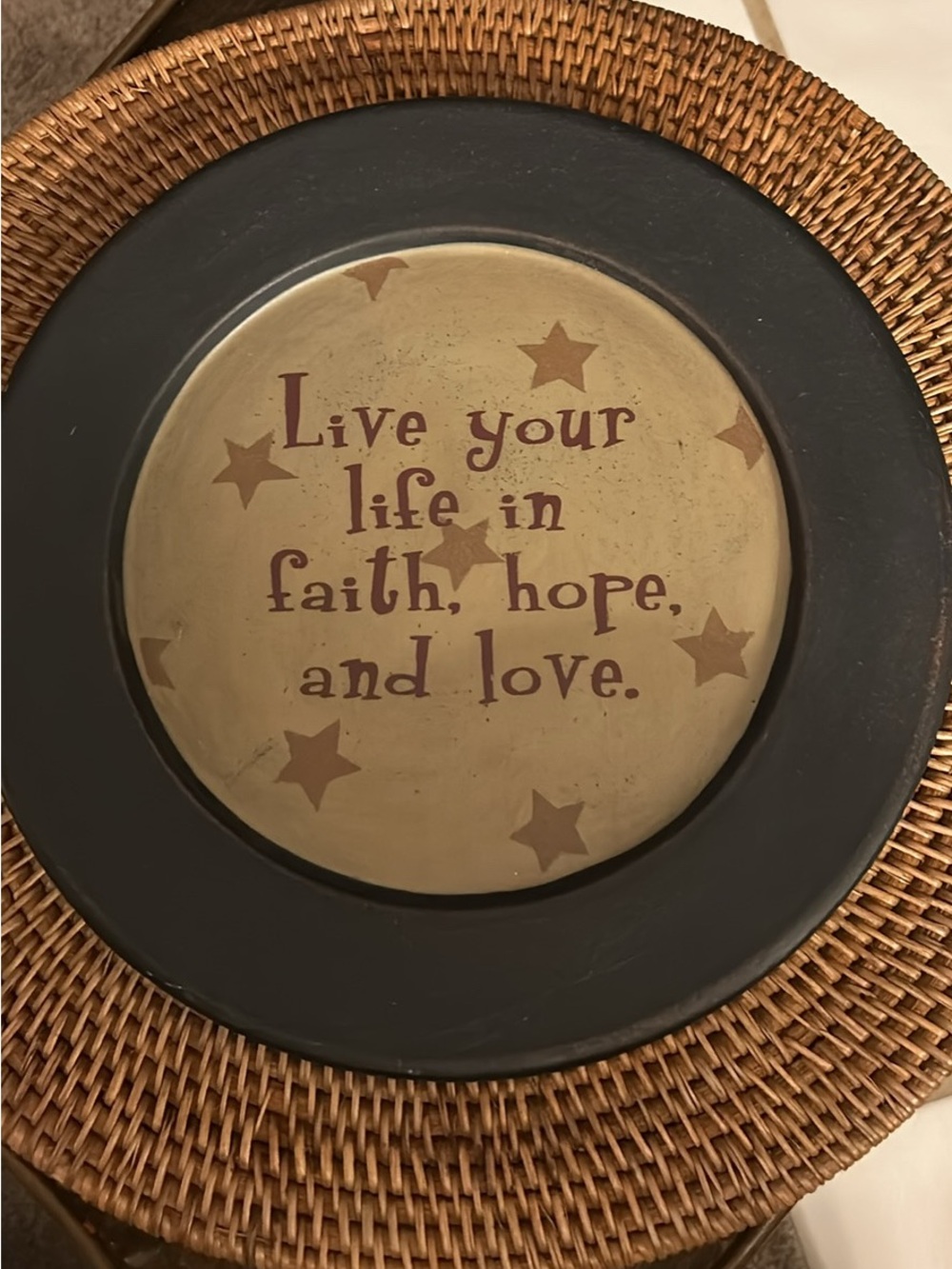 Faith, Hope and Love Round Wall Plaque - Black and Tan 11 in round